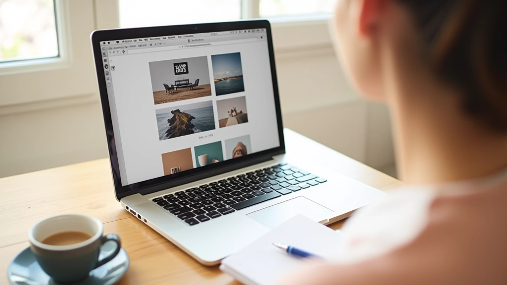 Espaço de trabalho limpo com notebook aberto mostrando galeria de portfólio, caneta e café ao lado