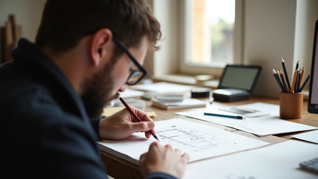 Designer criativo trabalhando em portfólio, com esboços e materiais de design ao redor do espaço de trabalho