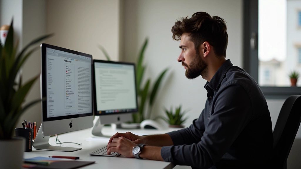 Designer trabalhando em layouts responsivos em múltiplas telas, notebook com interface de design, ambiente de trabalho criativo moderno