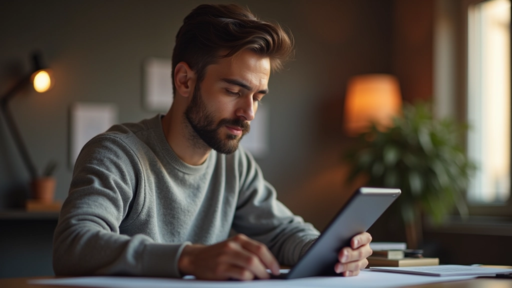 Designer trabalhando em mockup de portfólio com layout assimétrico em tablet, mostrando balanceamento visual criativo