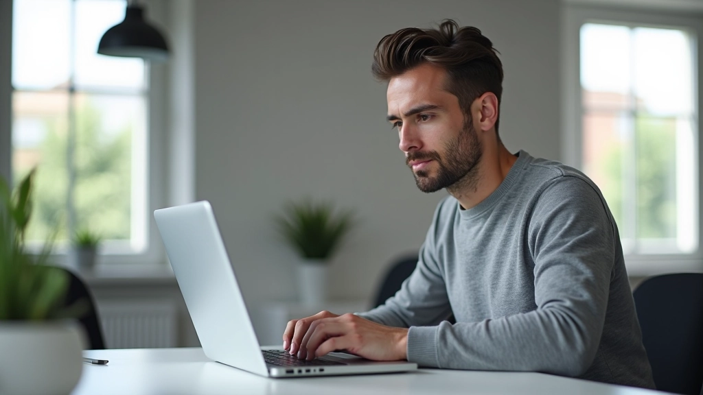 Designer trabalhando em laptop mostrando layout de grid em monitor, com blocos de cores organizados simetricamente