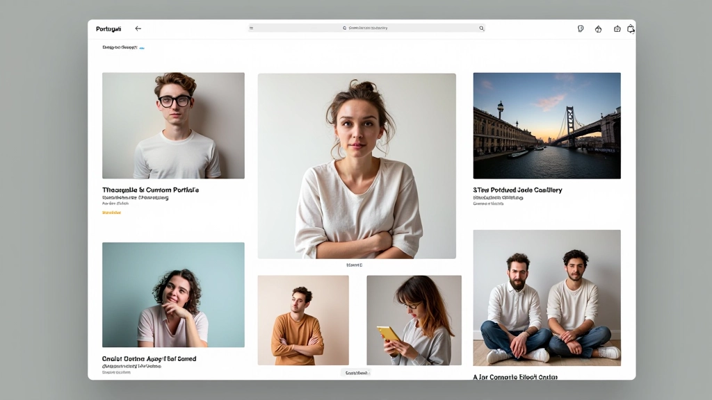 Galeria de portfólios de artistas portugueses com layouts assimétricos variados, mostrando fotografia, design gráfico e ilustração
